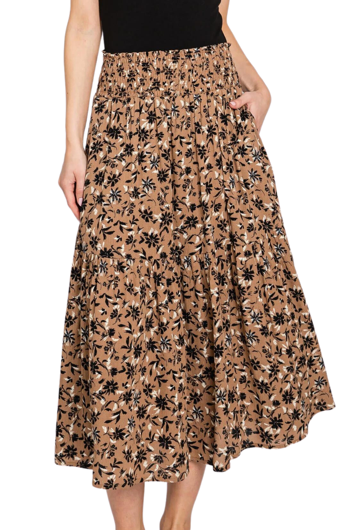 Jasmine Floral Tiered Midi Skirt - Brown