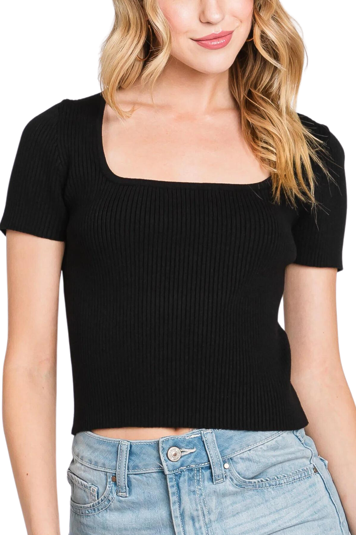 Ribbed Knit Square Neck Tee