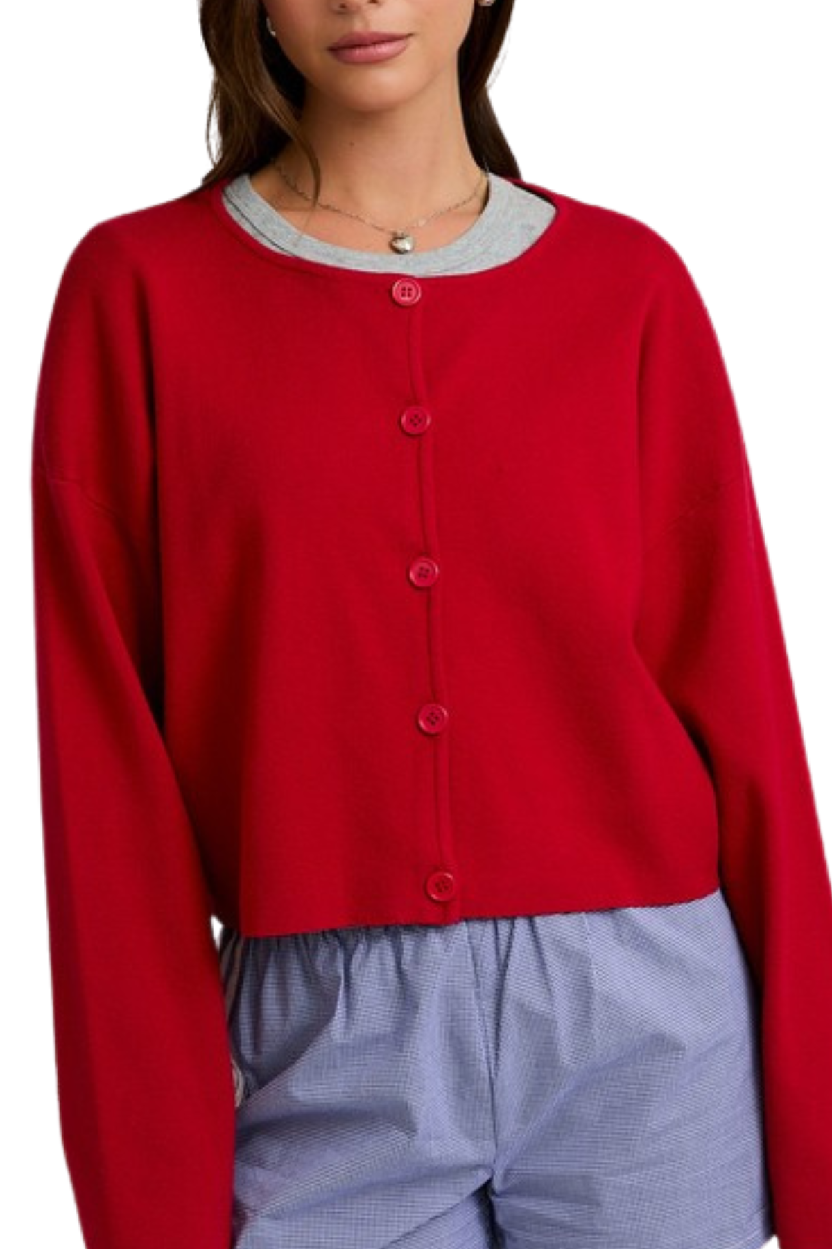 Lauren Round Neck Cardigan - Red