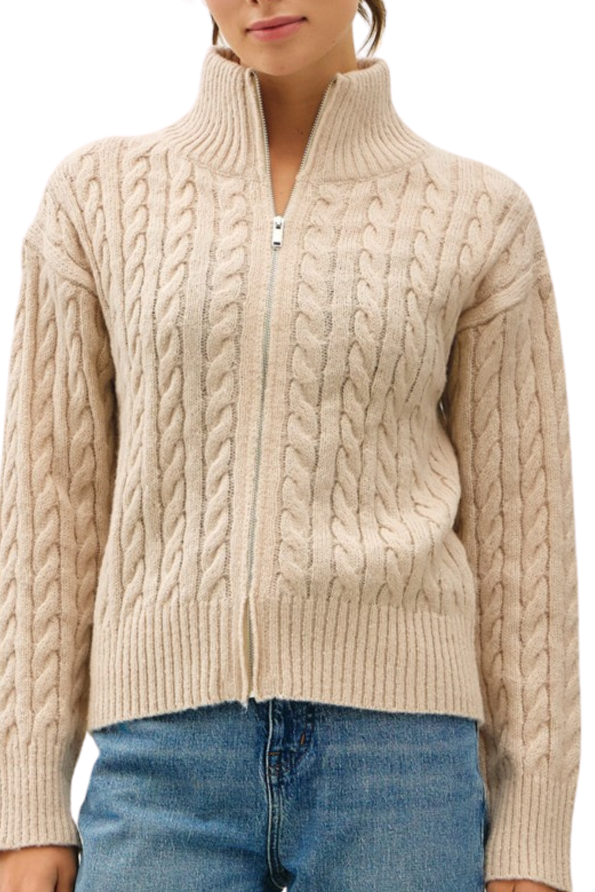 Annie Cable Knit Zip Up Sweater - Beige