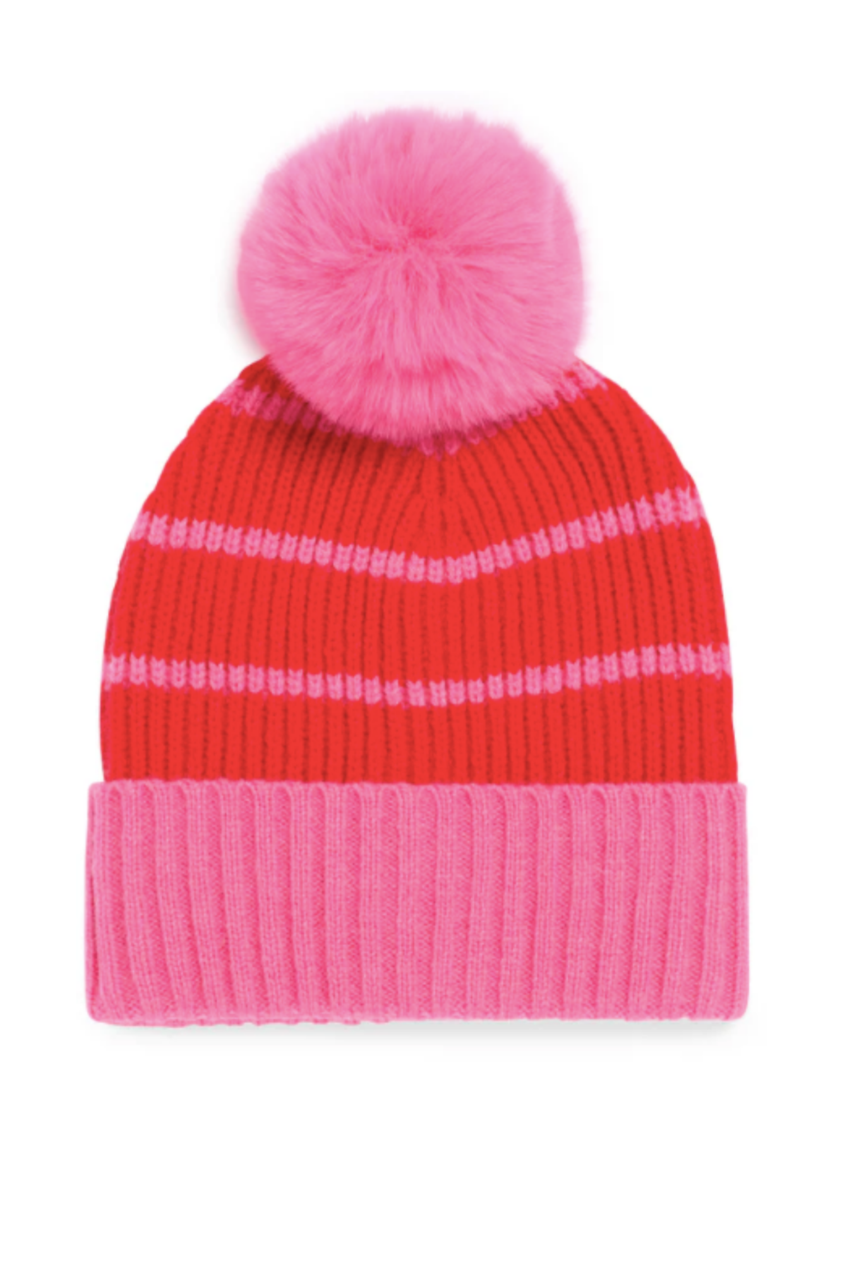 Striped Pom-Pom Beanie - Red
