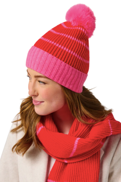 Striped Pom-Pom Beanie - Red