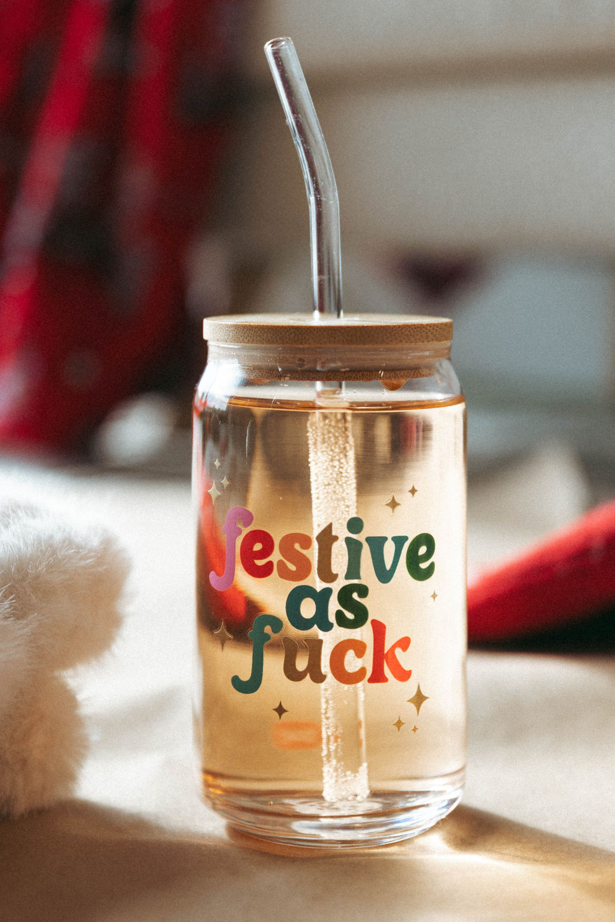 Glass Cup with Lid & Straw - Festive AF