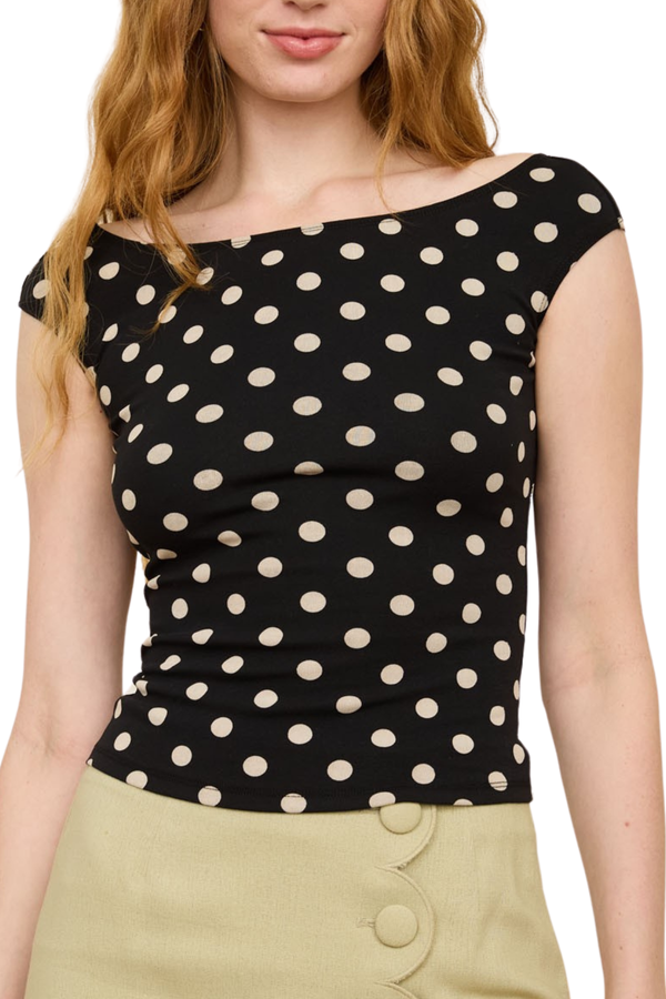 Nikki Dot Boatneck Top - Black