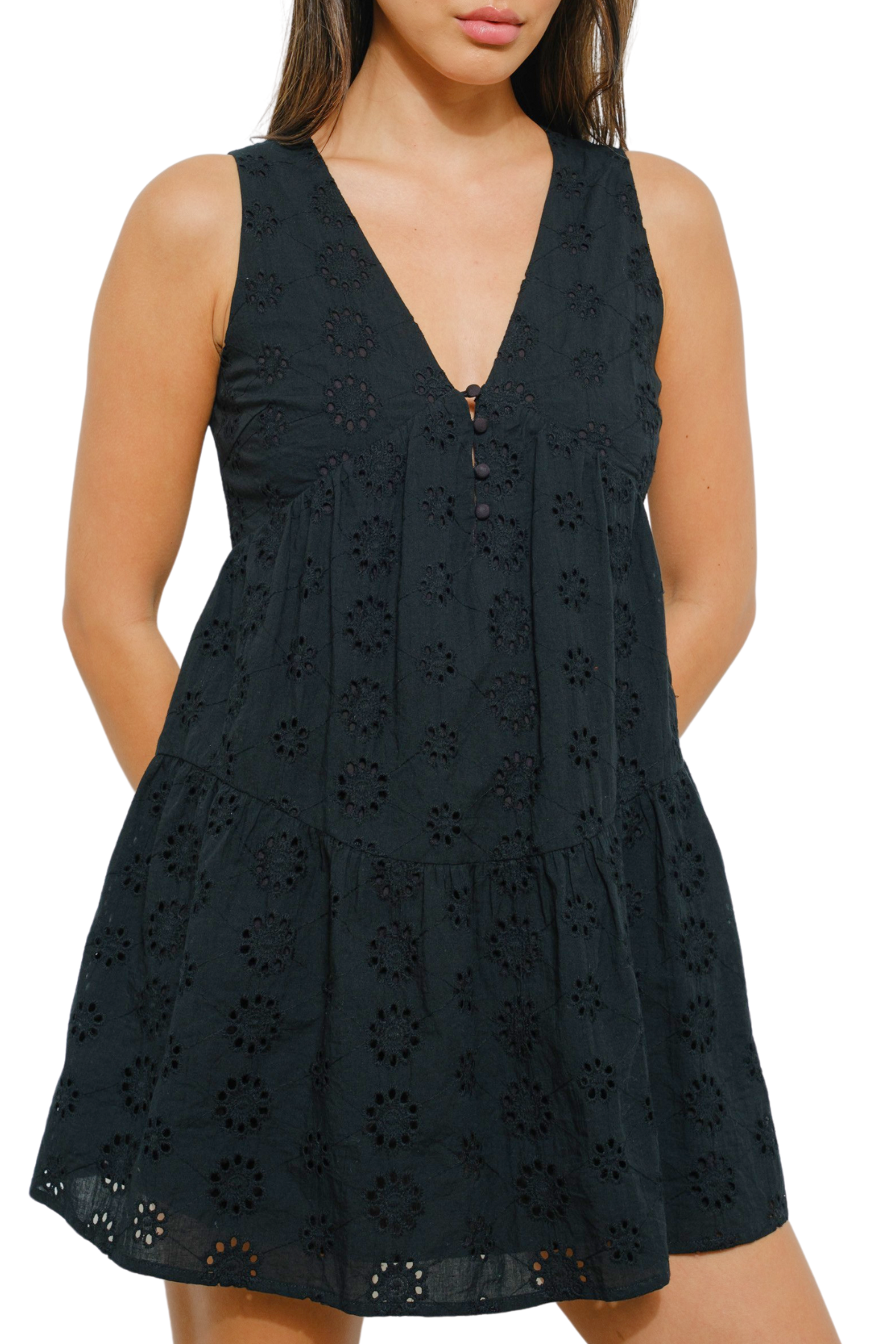 Evelyn Eyelet Mini Dress - Black