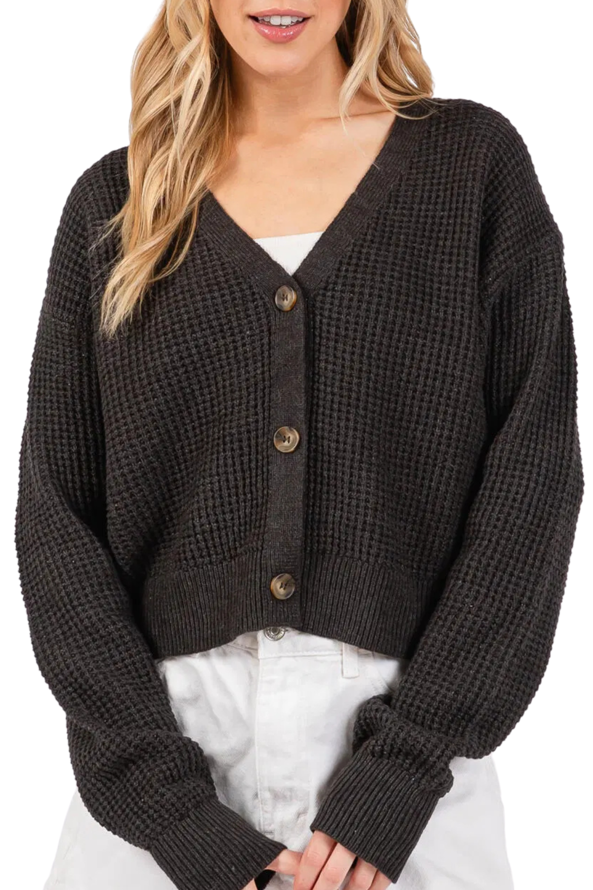 Kenny Waffle Knit Cardigan - Charcoal