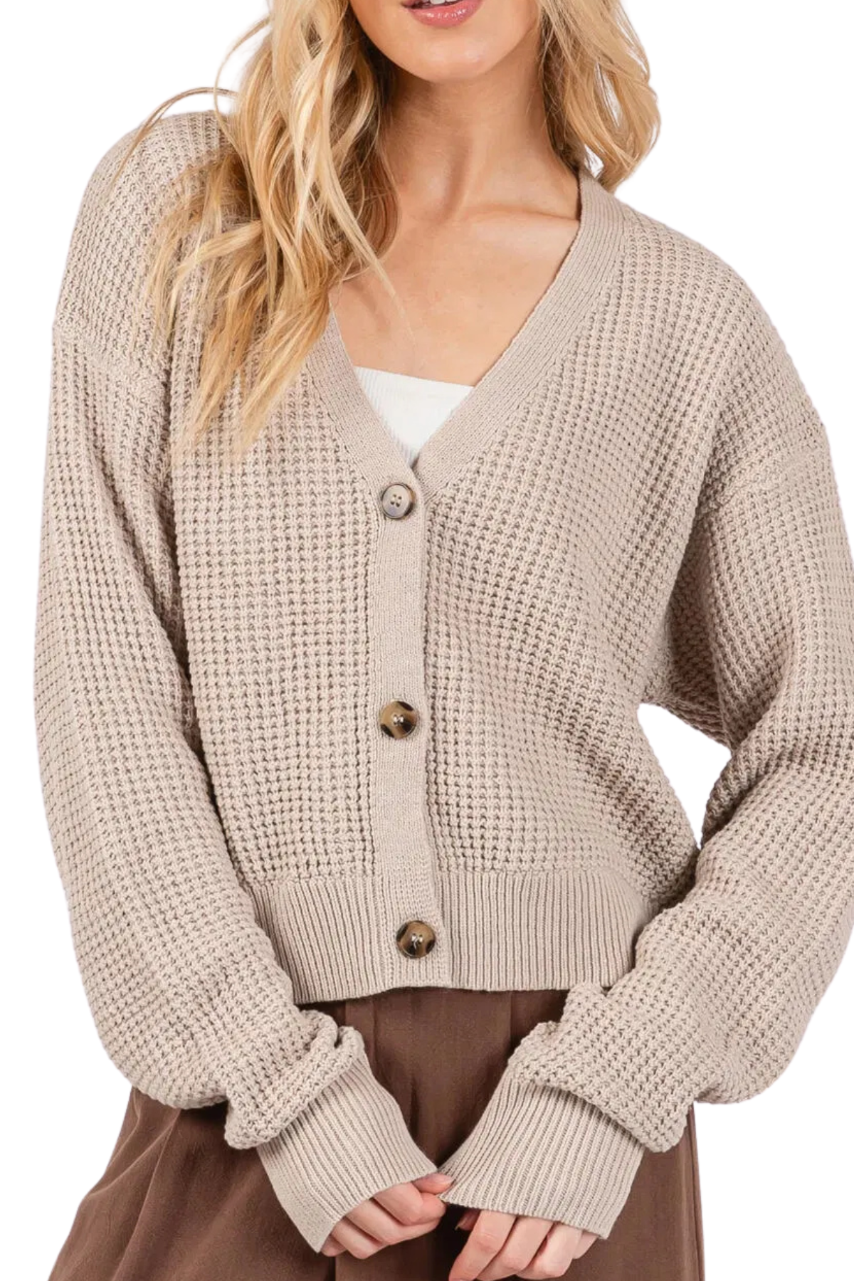 Kenny Waffle Knit Cardigan - Beige